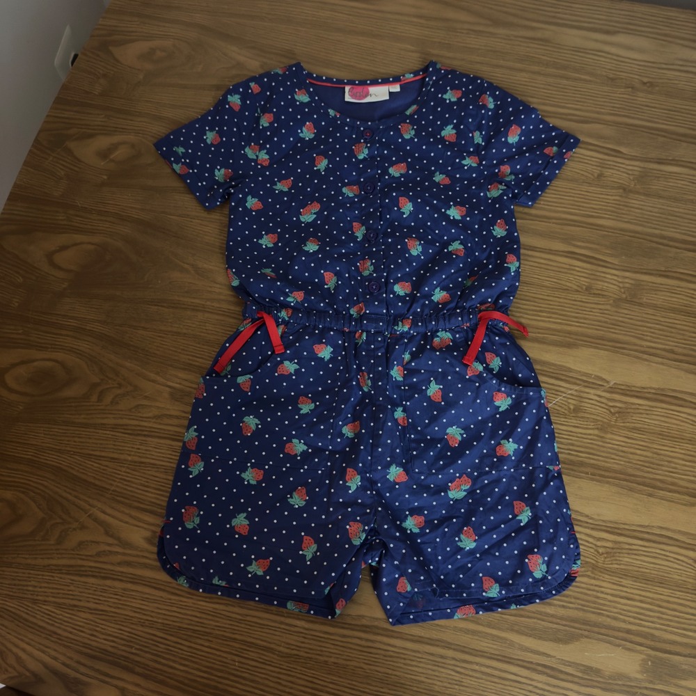 Boden Girls Strawberry Polka Dot Romper Playsuit Blue Red 5-6Y 116cm